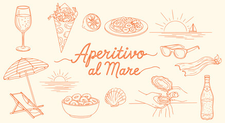 Aperitivo al Mare Vector Illustration Set. Orange Hand Drawn Sketch of a Beach Aperitif with Seafood, Drinks, and Sunset for Summer Vacation and Travel Design. Italian Holiday Graphics.