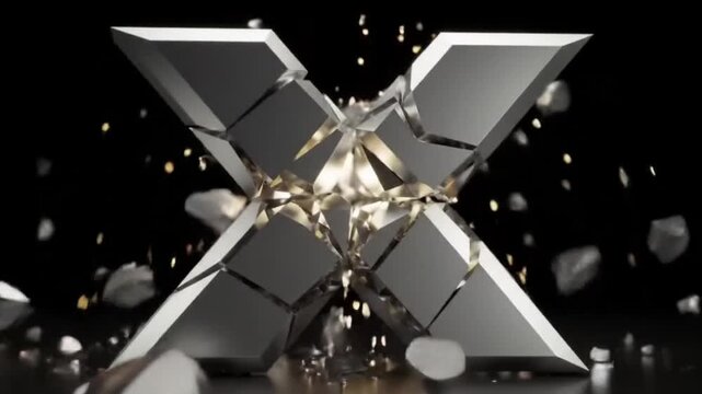 A powerful chrome letter X shatters and explodes with dynamic force, scattering metallic fragments and golden particles against a black background.