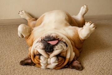 An adorable English bulldog lies comfortably on its back, displaying a funny upside-down pose indoors, radiating pure contentment and a peaceful pet moment.
