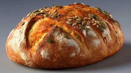 Oval loaf of artisan bread, topped with seeds