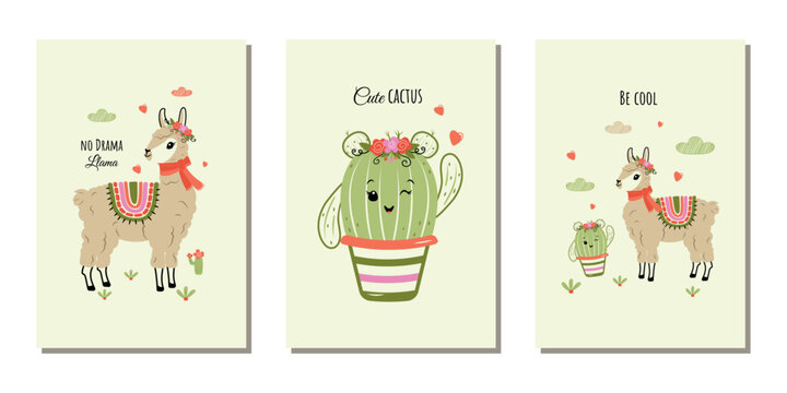 A set of festive templates for birthday invitations, parties, covers, and banners with funny llamas and cacti. Vector illustrations. - Powered by Adobe