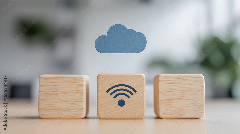 Poster wooden blocks representing cloud computing and wireless connectivity offer a visual metaphor for tec