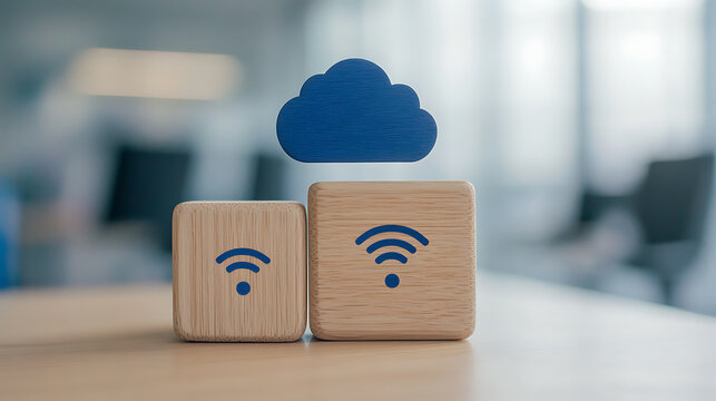 Cloud and WiFi blocks symbolize data networking, communication, and connectivity solutions for business and personal use. Modern wireless technology.