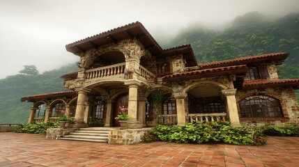 Obraz premium Stone luxury house on a misty mountain slope. Architecture and real estate concept. Elegant home exterior with traditional design.