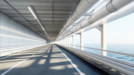 Futuristic Highway Bridge Over Water with Sunlight and Reflections