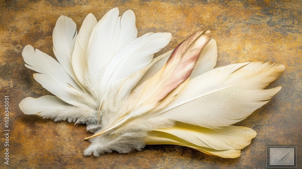 Poster elegant arrangement of soft feathers on rustic background
