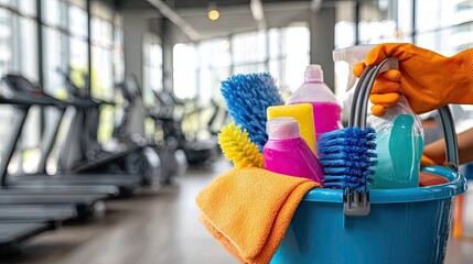 Colorful Cleaning Supplies In Blue Bucket At Gym