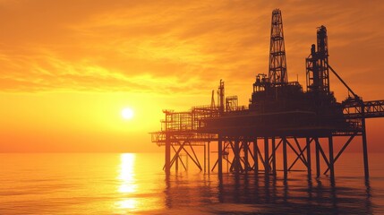 Oil Rig Silhouette Against Vibrant Sunset Over Calm Ocean Waters