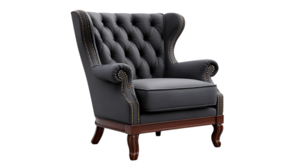 Elegant dark gray tufted wingback armchair isolated on transparent background