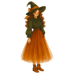 Whimsical witch girl stands gracefully, adorned in flowing orange skirt and dark green blouse. Her wide brimmed hat adds charm, while her long, wavy hair cascades elegantly