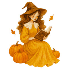 Young witch girl sits among pumpkins, wearing long yellow dress and pointed hat. She reads book, surrounded by autumn leaves, evoking cozy, magical atmosphere