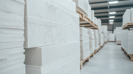 Marble slabs stacked in a warehouse. Rows of pristine, light-colored marble on pallets suggest distribution or construction materials storage.