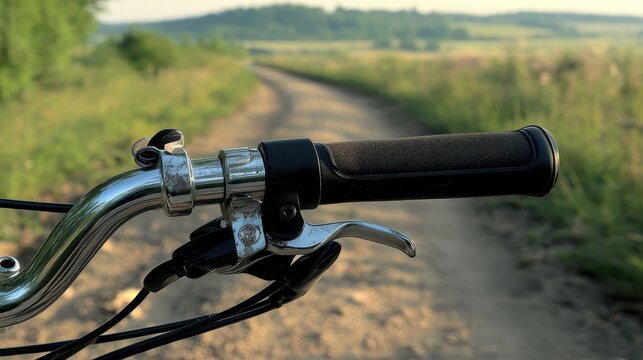 Close-Up View of Bicycle Handlebar on Gravel Path in Nature