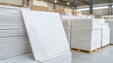 Stack of white marble-patterned tiles in a warehouse. Modern interior design materials, flooring, and renovation concept. Light and clean.