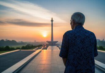 A veteran reflects before the Monumen Nasional at sunrise. A tribute to personal sacrifice and national history.