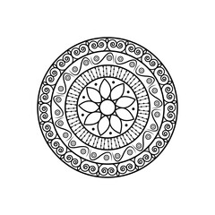 Black and White Mandala Vector Illustration with Intricate Geometric Symmetrical Zentangle-Inspired Pattern for Coloring and Decorative Art

