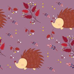 Vector background pattern of hedgehogs in beautiful autumn