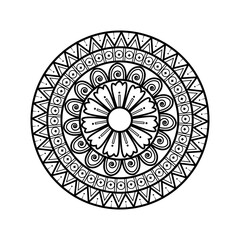 Black and White Mandala Vector Illustration with Intricate Geometric Symmetrical Zentangle-Inspired Pattern for Coloring and Decorative Art

