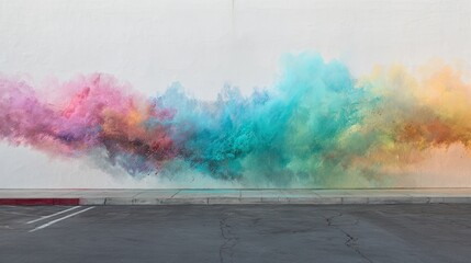 Colorful powder explosion on a white wall.