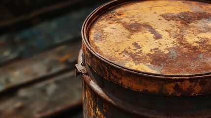 Fototapeta premium Rusty Metal Barrel with Weathered Surface and Industrial Background