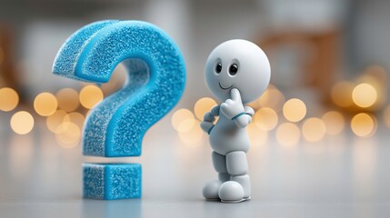 Cute 3d Question Mark Character Thinking with Blue Sparkly Question Mark in Warm Bokeh Background