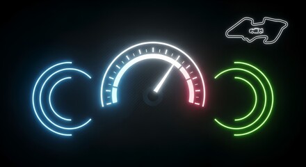 Dynamic racing dashboard with glowing speedometer and track map