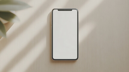 Modern phone with blank screen set against soft neutral background with soft sunlight. Perfect for mockups and UI showcase.