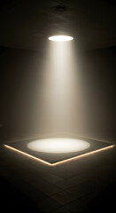 A beam of light shines down from a circular opening in the ceiling, illuminating a square area on the floor with a glowing border.