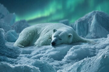 Naklejka premium Sleeping Polar Bear on Ice Under Aurora Borealis Scenic Arctic