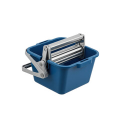 Close up of a blue mop bucket with a metal wringer on transparent background
