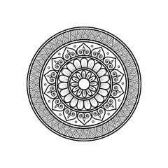 Black and White Mandala Vector Illustration with Intricate Geometric Symmetrical Zentangle-Inspired Pattern for Coloring and Decorative Art

