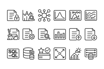 data analytics icon pack. database management and business intelligence outline symbols. big data and reporting symbol pack for dashboards, apps, and infographics