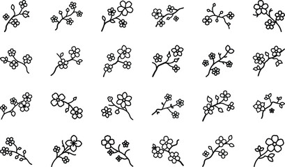 Bundle of 24 Hand-Drawn Flower Icons &ndash; Minimalist Floral Vector Set for Design, Tattoo, Logo, and Decorative Use