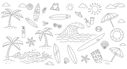 Obraz premium Vector Minimalist Line Art SVG Illustration of Beach Summer Elements with Flat Design Style in Monochrome Palette