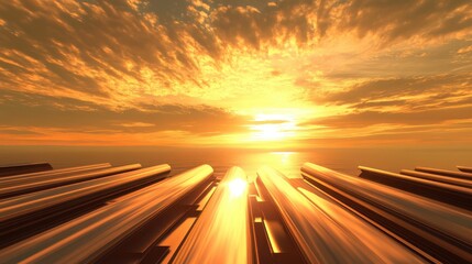 Obraz premium Sunset Over Ocean with Shiny Metal Rails Leading to Horizon
