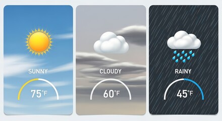 Sunny, cloudy, rainy weather icons with temperature for forecasting and planning