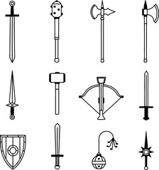 Silhouette medieval weapon set sword and axe vector Illustrator