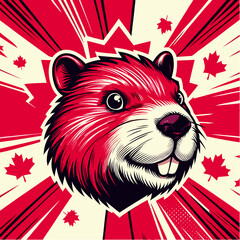 Canadian beaver in pop art vector, red and white background with maple leaf pattern