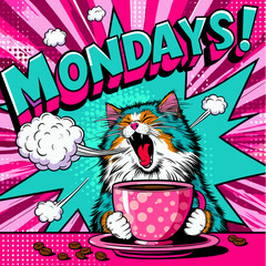Cat dramatically sipping coffee in pop art vector style illustration, Monday vibe