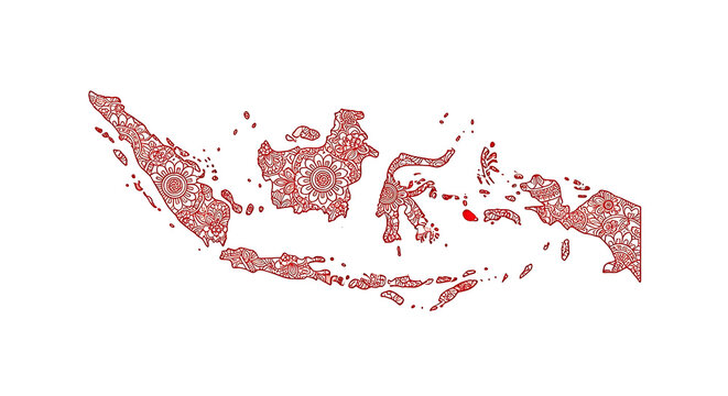 Map of Indonesia with red and white flower pattern.