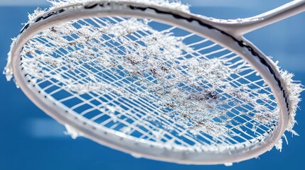 Close-Up View of Worn Tennis Racket with Frayed Strings and Dust