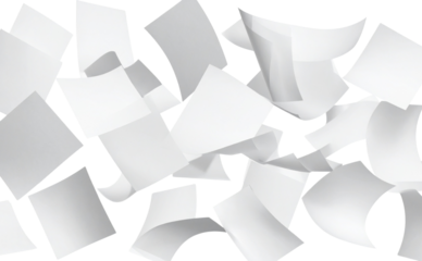 Pile blank white paper flying, empty note leaf or leaflet in motion mockup, sheet falls and twists isolated on white with clipping path.