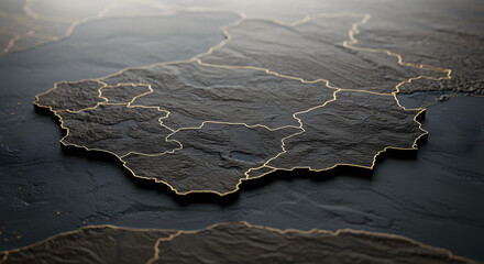 Textured map of the Iberian Peninsula with visible regional divisions, rendered in dark tones with golden outlines and subtle lighting.