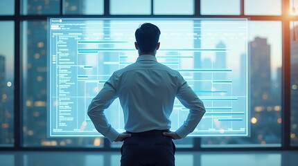 Businessman Analyzing Gantt Chart on Futuristic Transparent Screen