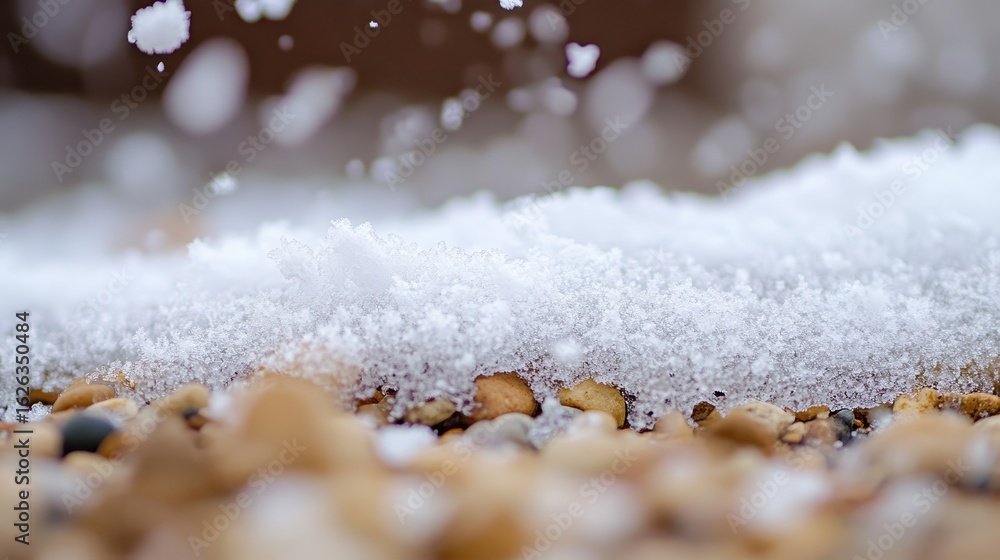 Poster snowy texture on ground with pebbles and shallow depth of field