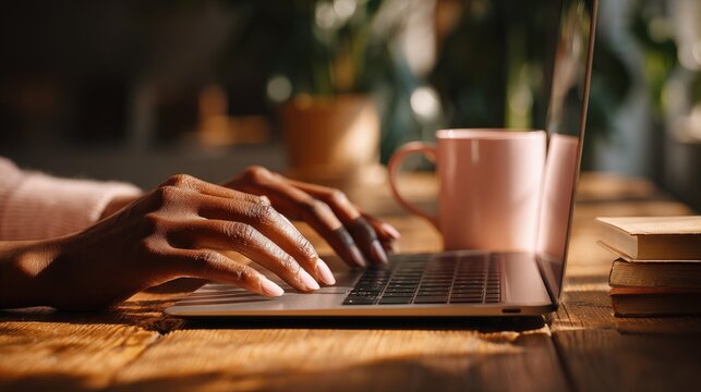 Woman Typing On Laptop At Wooden Desk - Powered by Adobe