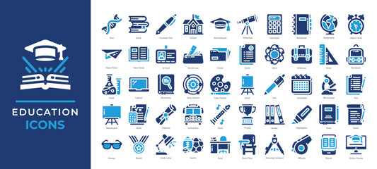 Education icons set collection. Including books, learning tools, school supplies, and science symbols. Ideal for academic platforms, e-learning apps, classroom materials, and educational content.
