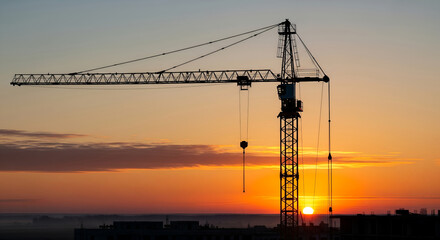 Construction boom in western Ukraine. A construction crane silhouetted against the warm glow of an early morning sky.