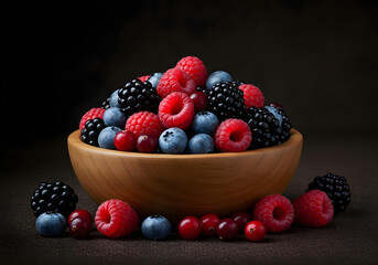 A still life of dark berries including blueberries, blackberries, raspberries, and cranberries arranged in a rustic wooden bowl, set against a dark burlap backdrop, with soft, diffused lighting.