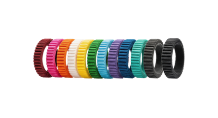 A row of colorful textured rings arranged in a straight line